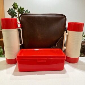 Aladdin Picnic Set‎ 2 Thermos Bottles Lunch Box Vintage Leather Bag 1960s Rare